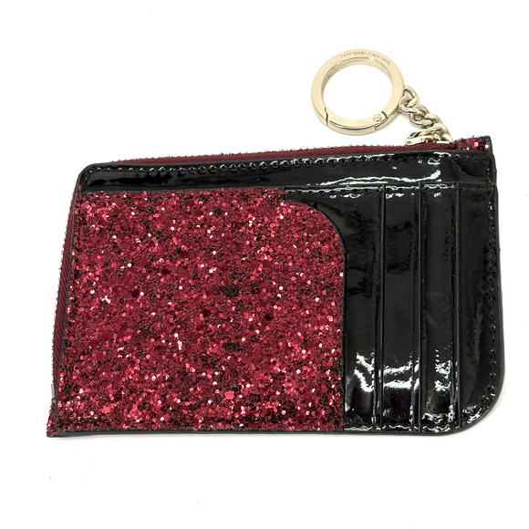 Kate Spade Glitter Card Holder Key Chain 4 Leaf Clover L-Zip Wallet Red Odette - Picture 2 of 4